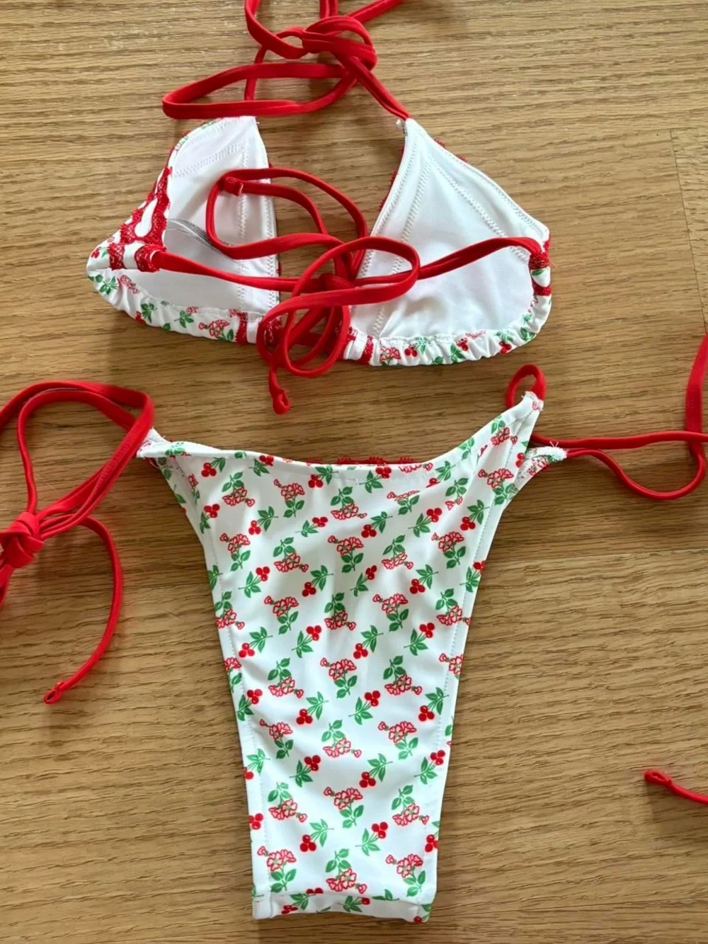 Frankie's Bikinis White Red Cherry Print Triangle Bikini